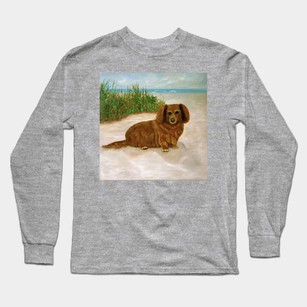 Long Haired Daschound Long Sleeve T-Shirt by KarenZukArt